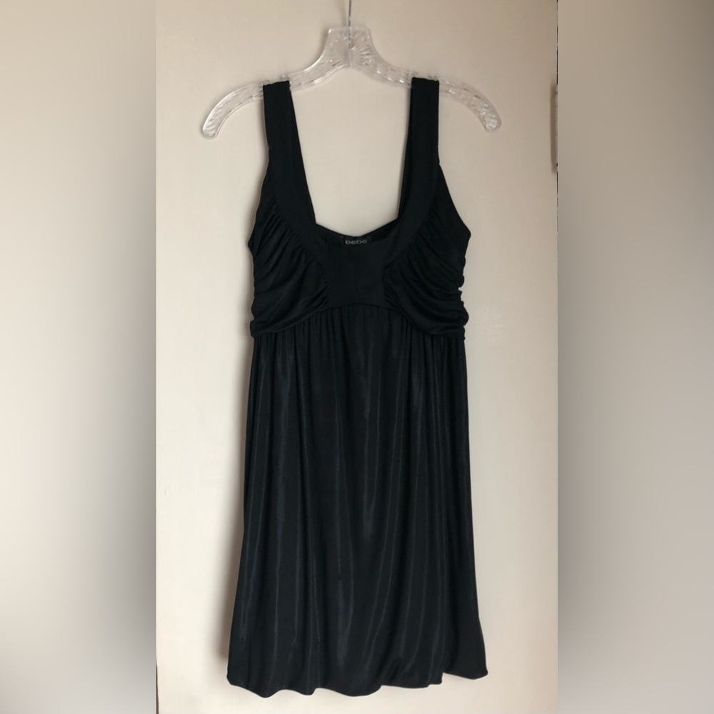 BeBe Dress Size M Black Pull Over Straps Gathered Lined